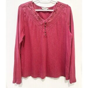 Lucky Brand XL Burgundy Henley Top Lace Trim Long Sleeve Button Front